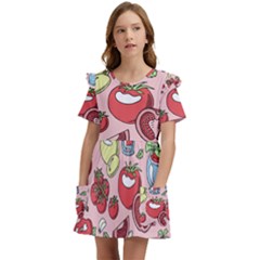 Tomato-seamless-pattern-juicy-tomatoes-food-sauce-ketchup-soup-paste-with-fresh-red-vegetables-backd Kids  Frilly Sleeves Pocket Dress by Pakemis