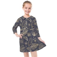 Elegant-pattern-with-golden-tropical-leaves Kids  Quarter Sleeve Shirt Dress by Pakemis