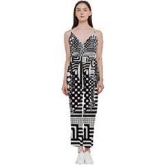 Black And White V-neck Spaghetti Strap Tie Front Jumpsuit by gasi