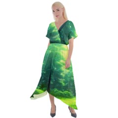 Anime Forrest Nature Fantasy Sunset Trees Woods Cross Front Sharkbite Hem Maxi Dress by Uceng