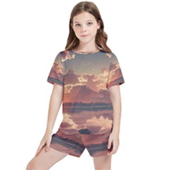 Sunset River Sky Clouds Nature Nostalgic Mountain Kids  Tee And Sports Shorts Set by Uceng