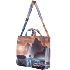 Water Waterfall Nature River Lake Planet Fantasy Square Shoulder Tote Bag by Uceng