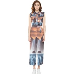 Water Waterfall Nature River Lake Planet Fantasy Women s Frill Top Chiffon Jumpsuit by Uceng