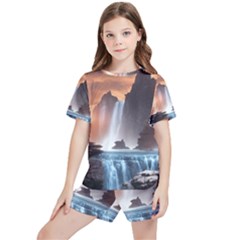 Water Waterfall Nature River Lake Planet Fantasy Kids  Tee And Sports Shorts Set by Uceng