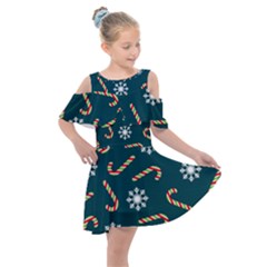 Christmas Seamless Pattern With Candies Snowflakes Kids  Shoulder Cutout Chiffon Dress by Uceng