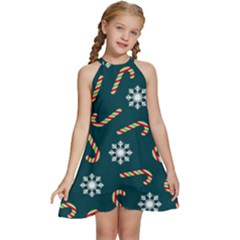 Christmas Seamless Pattern With Candies Snowflakes Kids  Halter Collar Waist Tie Chiffon Dress by Uceng