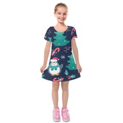 Colorful Funny Christmas Pattern Kids  Short Sleeve Velvet Dress by Uceng