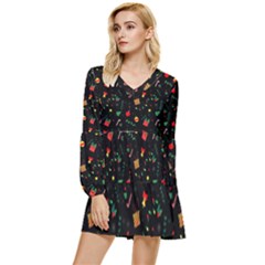 Christmas Pattern Texture Colorful Wallpaper Tiered Long Sleeve Mini Dress by Uceng