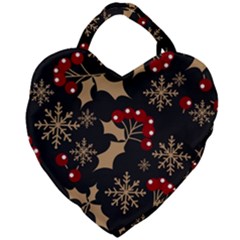 Christmas Pattern With Snowflakes Berries Giant Heart Shaped Tote by Uceng