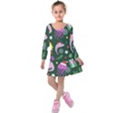 Dinosaur Colorful Funny Christmas Pattern Kids  Long Sleeve Velvet Dress View1