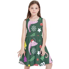 Dinosaur Colorful Funny Christmas Pattern Kids  Skater Dress by Uceng