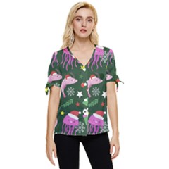 Dinosaur Colorful Funny Christmas Pattern Bow Sleeve Button Up Top by Uceng