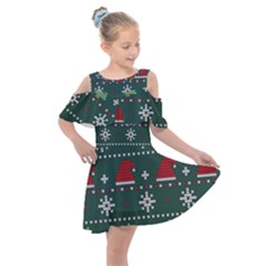 Beautiful Knitted Christmas Pattern Kids  Shoulder Cutout Chiffon Dress by Uceng