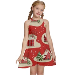 Christmas New Year Seamless Pattern Kids  Halter Collar Waist Tie Chiffon Dress by Uceng