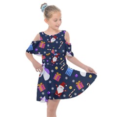 Colorful Funny Christmas Pattern Kids  Shoulder Cutout Chiffon Dress by Uceng