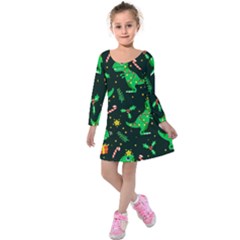 Christmas Funny Pattern Dinosaurs Kids  Long Sleeve Velvet Dress by Uceng