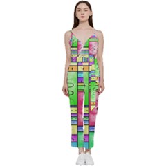 Colorful Pattern V-neck Spaghetti Strap Tie Front Jumpsuit by gasi