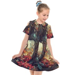 Abstract Texture Forest Trees Fruits Nature Leaves Kids  Short Sleeve Shirt Dress by Pakemis