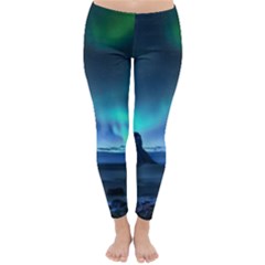 Green Aurora Lights-over Rocky Shore During Night Time Classic Winter Leggings by danenraven