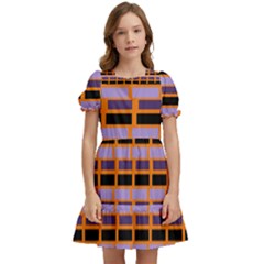 Purple And Black Rectangles Orange Kids  Puff Sleeved Dress by FunDressesShop