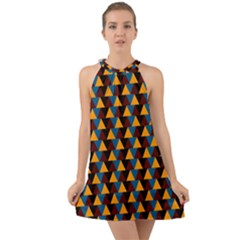 Colorful Triangles On Black Halter Tie Back Chiffon Dress by FunDressesShop