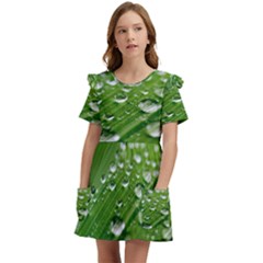 Green Water Leaf Kids  Frilly Sleeves Pocket Dress by artworkshop