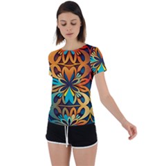 Orange, Turquoise And Blue Pattern  Back Circle Cutout Sports Tee by Sobalvarro