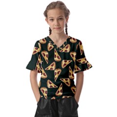 Pizza Slices Pattern Green Kids  V-neck Horn Sleeve Blouse by TetiBright