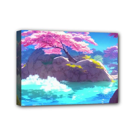 Fantasy Japan Mountains Cherry Blossoms Nature Mini Canvas 7  X 5  (stretched) by Uceng