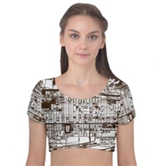 Antique Oriental Town Map  Velvet Short Sleeve Crop Top  by ConteMonfrey