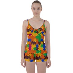 Retro Colors Puzzle Pieces                                                                       Tie Front Two Piece Tankini by LalyLauraFLM