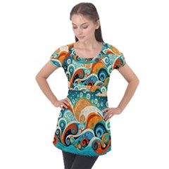 Waves Ocean Sea Abstract Whimsical (3) Puff Sleeve Tunic Top by Jancukart