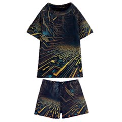 Data Technology Coding Pattern Kids  Swim Tee And Shorts Set by Jancukart