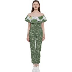 Tropical Polka Plants 3 Off Shoulder Ruffle Top Jumpsuit by flowerland