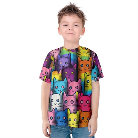 Cats Cat Cute Animal Rainbow Pattern Colorful Kids  Cotton Tee by Jancukart