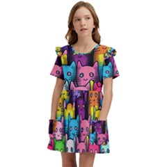 Cats Cat Cute Animal Rainbow Pattern Colorful Kids  Frilly Sleeves Pocket Dress by Jancukart