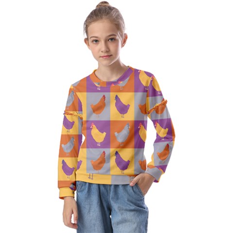 Chickens Pixel Pattern - Version 1a Kids  Long Sleeve Tee With Frill  by wagnerps