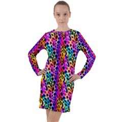 Rainbow Leopard Long Sleeve Hoodie Dress by DinkovaArt