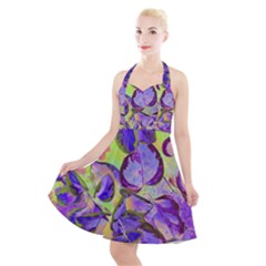 Purple Leaves Halter Party Swing Dress  by DinkovaArt