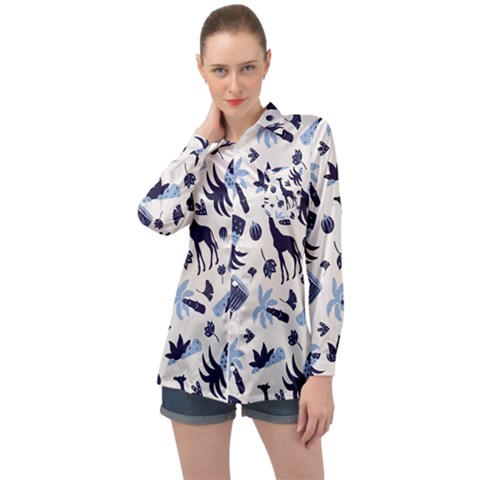 Cute Safari Animals Blue Giraffe Long Sleeve Satin Shirt by Stikle