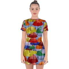 Umbrellas Colourful Drop Hem Mini Chiffon Dress by artworkshop