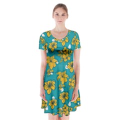 Turquoise And Yellow Floral Short Sleeve V-neck Flare Dress by fructosebat