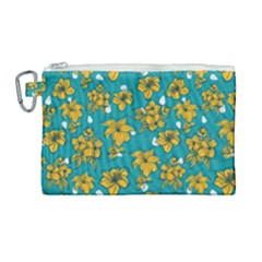 Turquoise And Yellow Floral Canvas Cosmetic Bag (large) by fructosebat