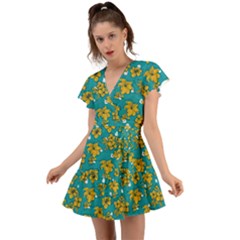 Turquoise And Yellow Floral Flutter Sleeve Wrap Dress by fructosebat