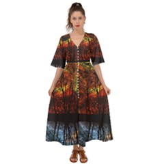 Space Nature Fantasy Trees Kimono Sleeve Boho Dress by Ravend