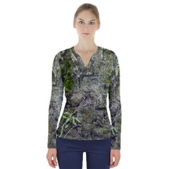 Old Stone Exterior Wall With Moss V-neck Long Sleeve Top by dflcprintsclothing