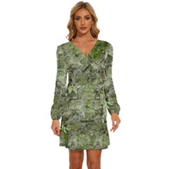 Old Stone Exterior Wall With Moss Long Sleeve Waist Tie Ruffle Velour Dress by dflcprintsclothing