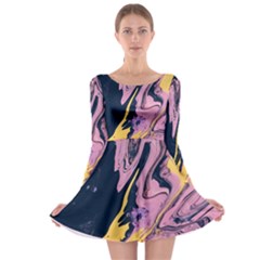 Pink Black And Yellow Abstract Painting Long Sleeve Skater Dress by Jancukart