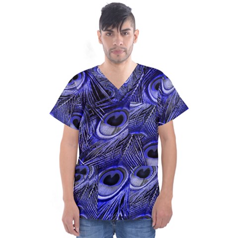 Purple Peacock Feather Men s V-neck Scrub Top by Jancukart