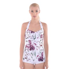 Tropical T- Shirt Tropical Pattern Hawaii T- Shirt Boyleg Halter Swimsuit  by maxcute